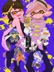  1boy 1other 6+girls ;d agent_3_(splatoon) aqua_eyes arm_up big_man_(splatoon) black_footwear black_hair black_pants black_pantyhose blonde_hair blue_hair blue_headwear boots breasts callie_(splatoon) cape cephalopod_eyes cleavage closed_mouth colored_skin cousins cross-shaped_pupils crossed_arms crown dark-skinned_female dark_skin earrings fangs folded_fan folding_fan food food_on_head frye_(splatoon) furrowed_brow gradient_hair gradient_skin green_eyes grey_hair hachimaki hair_over_one_eye hand_fan hands_on_own_face harem_pants hat headband highres holding holding_fan horizontal_pupils inkling inkling_girl jacket jewelry light_green_hair long_hair long_sleeves manta_ray marie_(splatoon) marina_(splatoon) medium_hair mole mole_under_eye mole_under_mouth multicolored_hair multicolored_skin multiple_earrings multiple_girls navel nejiri_hachimaki object_on_head octarian one_eye_closed open_clothes open_jacket orange_eyes outline paint_splatter pants pantyhose patchwork_clothes peaked_cap pearl_(splatoon) pink_hair pointy_ears poncho purple_background purple_footwear purple_hair purple_skin red_skin see-through shiver_(splatoon) short_hair smile socks splatoon_(series) splatoon_3 squatting squidbeak_splatoon suction_cups teeth tempura toeless_legwear torn_cape torn_clothes two-tone_hair two-tone_skin visor white_hair white_outline white_pants white_pantyhose white_socks yellow_crop_top zrym 