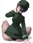  1girl arm_support ass bangs black_eyes black_hair black_panties blush chouno_ami clothes_lift commentary female_service_cap from_behind girls_und_panzer green_headwear green_jacket green_skirt hat highres jacket japan_ground_self-defense_force japan_self-defense_force kuzuryuu_kennosuke leaning_to_the_side long_sleeves looking_at_viewer looking_back military military_hat military_uniform miniskirt open_mouth panties panties_under_pantyhose pantyhose pencil_skirt see-through see-through_legwear shadow short_hair skirt skirt_lift solo sweatdrop swept_bangs underwear uniform 