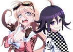  1boy 1girl antenna_hair bangs barbed_wire black_hair blonde_hair bow bowtie breasts brown_gloves checkered_clothes checkered_scarf cleavage collarbone danganronpa_(series) danganronpa_v3:_killing_harmony fingerless_gloves gloves goggles goggles_on_head grey_bow grey_bowtie grey_jacket grin hair_between_eyes iruma_miu jacket large_breasts long_hair ouma_kokichi pink_shirt purple_eyes saliva scarf sharp_teeth shiny shiny_hair shirt signature simple_background smile sweat tearing_up teeth tsunemi_aosa unmoving_pattern white_background 