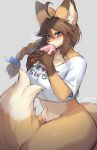  2022 5_fingers ahoge anthro big_breasts blue_eyes blush bottomless braided_hair breasts brown_body brown_fur brown_hair canid canine clothed clothing dessert dipstick_ears dipstick_tail doughnut eating female female_anthro fingers food fox fur gloves_(marking) hair hi_res holding_food holding_object kemono looking_at_viewer mammal markings multicolored_ears pawpads shirt solo suurin_2 tail_markings tan_body tan_fur text text_on_clothing text_on_shirt text_on_topwear topwear white_body white_fur 