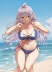  1girl antenna_hair bangs bare_shoulders bikini blue_bikini blurry blurry_background blush breasts brown_eyes cleavage cloud collarbone feet_out_of_frame granblue_fantasy grey_hair hands_up highres horizon knees_together_feet_apart large_breasts long_hair navel nos ocean open_mouth outdoors pointing pointing_at_self sand side-tie_bikini silva_(granblue_fantasy) smile solo standing swimsuit water waves 