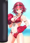  1girl bangs beach bikini blue_eyes blue_sky blurry blurry_background blush boxing_gloves breasts closed_mouth code_geass code_geass:_genesic_re;code commentary cowboy_shot day depth_of_field front-tie_bikini front-tie_top frown halterneck hiromon horizon jewelry kallen_stadtfeld large_breasts looking_at_viewer medium_breasts multi-strapped_bikini navel necklace official_alternate_costume outdoors punching_bag red_bikini red_hair red_headwear short_hair sky solo standing swimsuit visor_cap 