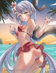  1girl alternate_hair_length alternate_hairstyle artist_name ass bangs bare_shoulders beach bikini blush breasts cameltoe fire_emblem fire_emblem:_radiant_dawn grey_hair half_updo long_hair looking_at_viewer looking_back micaiah_(fire_emblem) nelyrian1 ocean patreon_username red_bikini red_swimsuit signature small_breasts solo swimsuit towel very_long_hair yellow_eyes 