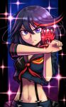  1girl absurdres angry black_hair blue_eyes border fighting_stance gloves highres kill_la_kill matoi_ryuuko midriff multicolored_hair purple_background school_uniform senketsu serious short_hair silverchariotx solo sparkle strap torn_clothes uniform 