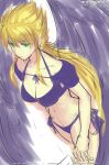  1girl angel_wings blonde_hair breasts breath_of_fire breath_of_fire_ii cleavage closed_mouth collarbone feathered_wings gofelem green_eyes long_hair looking_at_viewer navel nina_(breath_of_fire_ii) purple_wings simple_background solo swimsuit unfinished white_background wings 