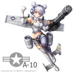  1girl a-10_thunderbolt_ii aircraft airplane artist_name blue_eyes breasts detached_sleeves earmuffs engine english_text epaulettes gatling_gun gau-8 holding holding_weapon leaning looking_at_viewer mecha_musume medium_breasts midriff military military_vehicle navel original personification shark_print shirt short_hair short_twintails shorts simple_background single_thighhigh sleeveless sleeveless_shirt smile solo star_(symbol) starbownext thighhighs tsurime twintails watermark weapon white_background white_hair wings 