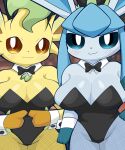  amber_eyes anthro big_breasts blue_body blue_eyes bow_tie breasts bunny_costume clothing costume duo eeveelution female female/female generation_4_pokemon glaceon hi_res leafeon nintendo pok&eacute;mon pok&eacute;mon_(species) sateco small_waist thick_thighs video_games yellow_body 