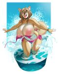  anthro big_breasts bikini boosterpang bracelet breasts brown_body brown_fur brown_hair canid canine canis cheyenne_(inu-dono) clothing coyote eyewear female fur glasses hair hi_res huge_breasts jewelry looking_at_viewer mammal nipples partially_submerged pink_nipples short_hair solo standing swimwear wardrobe_malfunction 