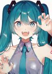  1girl :d absurdres aqua_eyes aqua_hair aqua_nails aqua_necktie bangs bare_shoulders blue_nails breasts claw_pose collarbone eccentric_htk fangs fingernails hair_between_eyes hair_ornament hands_up hatsune_miku highres light_blush long_hair looking_at_viewer nail_polish necktie open_mouth shirt shoulder_tattoo simple_background sleeveless small_breasts smile solo tattoo twintails upper_body v-shaped_eyebrows vocaloid white_background 
