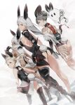  4girls absurdres adapted_costume akeha_(nier_reincarnation) animal_ears ass back_tattoo dark-skinned_female dark_skin fake_animal_ears fake_tail fio_(nier) frenlyse grey_hair hair_bun highres leg_tattoo long_hair looking_at_viewer looking_back mama_(nier) multiple_girls nier_(series) nier_reincarnation noelle_(nier) playboy_bunny prosthesis prosthetic_arm prosthetic_leg rabbit_ears rabbit_tail short_hair single_hair_bun tail tattoo to_te_na twintails 