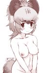  1girl animal_ears bangs blush breasts closed_mouth collarbone covering covering_crotch extra_ears groin highres hyena_ears hyena_girl hyena_tail kemono_friends long_hair looking_at_viewer masuyama_ryou medium_breasts monochrome navel nipples nude sidelocks solo spotted_hyena_(kemono_friends) stomach tail teeth upper_teeth v_arms 