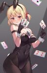  1girl :p absurdres alternate_costume animal_ears arm_strap bare_shoulders between_breasts between_fingers black_gloves black_leotard black_pantyhose blonde_hair blush breasts card card_between_breasts card_between_fingers cleavage covered_navel detached_collar fake_animal_ears falling_card gloves grey_background hair_ribbon highres inoue_takina jack_of_spades joker_(card) king_of_clubs kurumi_(lycoris_recoil) large_breasts leotard light_particles looking_at_viewer lycoris_recoil mika_(lycoris_recoil) nakahara_misaki nishikigi_chisato pantyhose pizza_(pizzania_company) playboy_bunny playing_card queen_of_hearts_(card) rabbit_ears rabbit_tail red_eyes ribbon short_hair short_twintails solo tail tongue tongue_out twintails v-shaped_eyebrows wrist_cuffs 