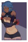  1girl anti-aqua aqua_(kingdom_hearts) bare_arms black_shorts blue_hair border breasts cleavage colored_skin corruption covering covering_breasts cowboy_shot crossed_arms dark_persona fingernails grey_background halter_top halterneck highres kingdom_hearts kingdom_hearts_iii large_breasts long_fingernails looking_to_the_side medium_hair midriff multicolored_skin navel porqueloin shorts solo sweat yellow_eyes 