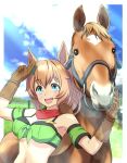  1girl :d absurdres animal_ears aqua_eyes bare_shoulders breasts brown_gloves cheesecake_(artist) cleavage cowboy_western creature_and_personification gloves hair_between_eyes hair_ornament highres horse horse_ears horse_girl large_breasts light_brown_hair looking_at_viewer medium_hair midriff real_life red_scarf scarf smile star_(symbol) star_hair_ornament taiki_shuttle_(racehorse) taiki_shuttle_(umamusume) umamusume upper_body v 