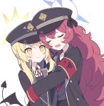  2girls black_headwear blonde_hair blue_archive closed_eyes closed_mouth demon_tail halo hat highres hug ibuki_(blue_archive) iroha_(blue_archive) long_hair long_sleeves military military_hat military_jacket military_uniform multiple_girls peaked_cap red_hair sidelocks siha048 simple_background smile tail uniform upper_body white_background yellow_eyes 