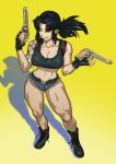  1girl abs absurdres alternate_hair_color black_hair black_lagoon breasts dual_wielding gun hair_over_one_eye handgun highres holding holding_gun holding_weapon large_breasts lilminindahouse muscular muscular_female revy_(black_lagoon) short_shorts shorts simple_background smile solo tank_top tattoo weapon yellow_background yellow_eyes 