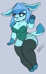  2022 4_toes 5_fingers anthro artist_name big_breasts blasticussaturn blue_body blue_eyes blue_fur breasts canid claws cleavage clothed clothing digital_media_(artwork) eeveelution feet female fingers fishnet fur generation_4_pokemon gesture glaceon hair hi_res legwear leotard looking_at_viewer mammal navel navel_outline nintendo pawpads pok&eacute;mon pok&eacute;mon_(species) signature simple_background smile solo stockings thick_thighs tight_clothing toe_claws toes video_games waving 