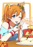  1girl 2021 blue_eyes blue_shirt brown_hair cake character_name closed_mouth collarbone dated eating food fork hair_ornament hair_scrunchie happy_birthday highres holding holding_fork kousaka_honoka long_hair love_live! love_live!_school_idol_project oda_(101511a) off-shoulder_shirt off_shoulder one_eye_closed print_shirt scrunchie shiny shiny_hair shirt side_ponytail smile solo upper_body v wristband yellow_scrunchie 