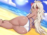  1girl ass back bangs beach bikini blue_sky blush breasts cloud cloudy_sky commentary cougar_(cougar1404) day dutch_angle english_commentary flower from_behind granblue_fantasy grey_hair hair_flower hair_ornament halterneck hibiscus horizon long_hair looking_back lying medium_breasts ocean on_side open_mouth outdoors red_eyes red_flower sky solo swimsuit white_bikini zooey_(granblue_fantasy) zooey_(summer)_(granblue_fantasy) 