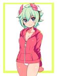  1girl ahoge arms_behind_back azure_striker_gunvolt azure_striker_gunvolt_2 bangs blue_eyes border breasts cleavage closed_mouth commentary cougar_(cougar1404) cowboy_shot crotch_seam green_hair headgear hood hood_down hoodie looking_at_viewer medium_breasts no_pants outside_border panties red_headwear red_hoodie roro_(gunvolt) short_hair smile solo standing underwear white_panties yellow_border zipper 