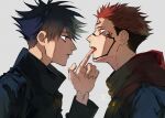  2boys bangs black_hair black_jacket blue_eyes buttons extra_eyes facial_tattoo finger_in_another&#039;s_mouth fushiguro_megumi high_collar hood hoodie jacket jo_(xnsisiiss) jujutsu_kaisen long_sleeves looking_at_another male_focus multiple_boys open_mouth parted_lips pink_hair red_eyes red_hoodie ryoumen_sukuna_(jujutsu_kaisen) school_uniform short_hair spiked_hair tattoo tongue tongue_out undercut yaoi 