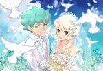  1boy 1girl :d bangs blonde_hair blue_eyes blue_hair blurry blurry_foreground bouquet bridal_veil closed_mouth collarbone couple dress elbow_gloves emily_armond flit_asuno flower gloves gundam gundam_age hetero holding holding_bouquet holding_hands husband_and_wife jacket long_hair medium_hair momoza_r necktie open_mouth petals shirt smile strapless strapless_dress twitter_username veil vest wedding_dress white_dress white_flower white_gloves white_jacket white_necktie white_shirt white_vest 