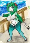  absurd_res anthro astroty astroty_(oc) beach big_breasts bovid breasts caprine female freckles fur fur_collar fur_pattern green_body green_fur hand_holding hi_res hooves horizontal_pupils horn mammal painting_(artwork) pupils red_horn seaside sheep small_tail smile solo tail_motion tail_tuft tailwag teal_eyes thick_thighs traditional_media_(artwork) tuft watercolor_(artwork) white_body white_fur 