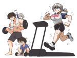  2boys 2girls barbell bike_shorts black_hair bouncing_breasts breasts english_text exercise family father_and_daughter father_and_son female_child flying_sweatdrops grey_hair highres if_they_mated large_breasts male_child mother_and_daughter mother_and_son multiple_boys multiple_girls older ponytail sakurai_shin&#039;ichi shirt simple_background spiked_hair struggling sugoi_dekai t-shirt tina_fate topless_male towel towel_around_neck treadmill uzaki-chan_wa_asobitai! uzaki_hana weightlifting white_background 