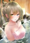  1girl asymmetrical_hair blue_eyes breasts brown_hair chii_(sbshop) cleavage collarbone green_eyes heterochromia highres idolmaster idolmaster_cinderella_girls long_hair looking_at_viewer medium_breasts mole mole_under_eye naked_towel onsen open_mouth partially_submerged shiny shiny_hair solo takagaki_kaede towel upper_body wet wet_hair 