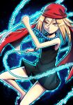  1girl absurdres angry aura bandana beads black_dress blonde_hair blue_background bracelet dress fighting_stance fire glowing highres jewelry kyouyama_anna necklace sandals shaman_king short_hair silverchariotx solo yellow_eyes 