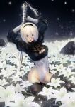  1girl arms_up bangs blue_eyes blurry blurry_background boots breasts clothing_cutout commentary_request feather_trim flower gloves hairband highleg highleg_leotard highres holding leotard lips long_sleeves looking_at_viewer lunar_tear medium_breasts mitsuki_nite mole mole_under_mouth nier_(series) nier_automata pale_skin parted_lips puffy_sleeves short_hair simple_background sword thigh_boots thighs weapon white_hair yorha_no._2_type_b 