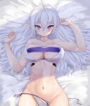  1girl bare_shoulders blue_eyes blush bra breasts cleavage closed_mouth collarbone cowboy_shot grey_hair hair_between_eyes hands_up highres large_breasts linea_alba long_hair looking_at_viewer lying mkldragon narrow_waist navel on_back original panties pointy_ears shade side-tie_panties smile underwear untied untied_panties upturned_eyes very_long_hair wide_hips 