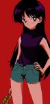  1girl bishoujo_senshi_sailor_moon black_eyes black_hair black_shirt bracelet casual denim denim_shorts hand_on_hip high_collar highres hino_rei jewelry nzeneee red_background red_nails shirt shorts simple_background sleeveless sleeveless_shirt solo touhou white_background 