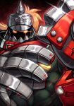  1boy absurdres blonde_hair gauntlets glowing glowing_eye guilty_gear guilty_gear_strive helmet highres male_focus military military_uniform muscular muscular_male potemkin_(guilty_gear) red_background robot silverchariotx solo sparkle uniform 