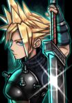  1boy absurdres armor blonde_hair buster_sword cloud_strife final_fantasy final_fantasy_vii glowing green_background highres holding holding_weapon looking_at_viewer serious short_hair shoulder_armor silverchariotx solo sparkle spiked_hair star_(sky) sword weapon 