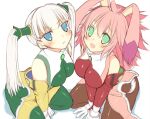  2girls animal_ears bangs blue_eyes blush breasts dyed_bangs gloves green_eyes himegi_you large_breasts long_hair looking_at_viewer multiple_girls open_mouth pantyhose pink_hair rabbit_ears seraphita_(xenogears) simple_background smile tolone_(xenogears) twintails white_background white_hair xenogears 