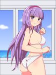  1girl adjusting_clothes adjusting_swimsuit ass bangs bikini blue_sky blunt_bangs blush cloud cloudy_sky commentary cougar_(cougar1404) cowboy_shot day english_commentary from_behind frown hairband halterneck horizon indoors long_hair looking_at_viewer looking_back ocean purple_hair purple_hairband sky solo sophie_(tales) standing string_bikini swimsuit tales_of_(series) tales_of_graces white_bikini window 
