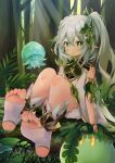  1girl absurdres bangs cape closed_mouth commentary_request cross-shaped_pupils dark_fuu detached_sleeves dress feet foot_focus foreshortening forest genshin_impact gradient_hair grass green_cape green_eyes green_hair green_sleeves grey_hair hair_between_eyes hair_ornament highres knees_together_feet_apart knees_up leaf_hair_ornament legs long_hair multicolored_hair nahida_(genshin_impact) nature no_shoes pointy_ears ponytail side_ponytail sidelocks sitting sleeveless sleeveless_dress smile socks soles solo stirrup_legwear thighs toeless_legwear toes tree white_dress white_socks 