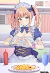  1girl aqua_eyes aqua_scrunchie blonde_hair blush bow breasts cleavage commentary_request cup detached_collar drink drinking_glass drinking_straw food food_art food_writing hair_bow hair_ribbon heart heart_hands highres ketchup ketchup_bottle large_breasts light_frown looking_at_viewer maid maid_cafe maid_headdress omurice original pasdar puffy_short_sleeves puffy_sleeves purple_bow purple_nails purple_ribbon purple_scrunchie restaurant ribbon romaji_text scrunchie short_sleeves sidelocks single_stripe twintails wrist_scrunchie 