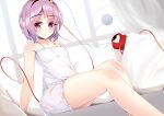  1girl bangs bed bloomers blush closed_mouth collarbone commentary_request curtains eyelashes hairband highres ke-ta_(style) knees komeiji_satori looking_at_viewer mantou_xiang pillow purple_eyes purple_hair red_hairband short_hair solo standing tank_top thighs third_eye touhou underwear 