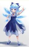 1girl arm_up bangs blue_dress blue_eyes blue_footwear blue_hair blush bow cirno collared_shirt commentary_request dress full_body green_bow hair_bow hand_on_hip highres ice ice_wings index_finger_raised looking_at_viewer mary_janes natsume_k neck_ribbon pinafore_dress puffy_short_sleeves puffy_sleeves red_ribbon ribbon shirt shoes short_hair short_sleeves simple_background socks solo standing touhou v-shaped_eyebrows white_background white_shirt white_socks wing_collar wings 