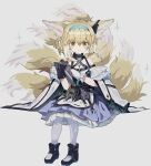  1girl absurdres animal_ear_fluff animal_ears arknights bangs bare_shoulders black_footwear black_gloves blonde_hair blue_skirt blush boots braid closed_mouth commentary fox_ears fox_girl fox_tail frilled_skirt frills full_body gloves green_eyes grey_background hair_between_eyes hair_rings highres holding kitsune looking_at_viewer multicolored_hair pantyhose pleated_skirt ryu_(17569823) shirt simple_background single_glove sitting skirt smile solo suzuran_(arknights) symbol-only_commentary tail twin_braids two-tone_hair white_hair white_pantyhose white_shirt 