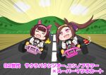  2girls absurdres animal_ears aonoji banana_peel bangs blunt_bangs bob_cut brown_hair chibi closed_eyes commentary_request crossover driving ear_covers ear_ornament emphasis_lines flower_in_eye flying_sweatdrops go-kart hair_ornament hairband hairclip highres horse_ears horse_girl horse_tail long_hair motion_lines multiple_girls nishino_flower_(umamusume) open_mouth pink_eyes pink_hairband ponytail racing road sakura_bakushin_o_(umamusume) short_hair sidelocks super_mario_kart symbol_in_eye tail translation_request turtle_shell umamusume 