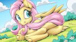 blue_eyes butt cloud digital_media_(artwork) equid equine eyelashes feathered_wings feathers female feral fluttershy_(mlp) friendship_is_magic hair hasbro hi_res hooves looking_back mammal my_little_pony mysticalpha pegasus pink_hair pink_tail solo wings yellow_body yellow_feathers 