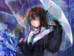  1girl artist_name black_jacket blue_eyes blue_nails blue_necktie blurry blurry_background brown_hair flower hair_between_eyes holding holding_umbrella idolmaster idolmaster_cinderella_girls jacket laurart88 long_hair long_sleeves looking_at_viewer necktie outdoors rain shibuya_rin shirt solo transparent transparent_umbrella umbrella upper_body white_shirt 