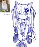  1girl absurdres anger_vein angry animal_ears artist_logo artist_name bangs blush bowl cat_ears cat_girl cat_tail collared_shirt dot_nose food frown hair_between_eyes highres kneeling long_hair looking_at_viewer nisp_art original pen_(medium) pleated_skirt reference_inset shirt skirt sleeves_past_fingers sleeves_past_wrists solo sweater tail two_side_up v-shaped_eyebrows 
