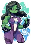  1girl absurdres black_gloves breasts character_name clenched_hands colored_skin fingerless_gloves gloves green_eyes green_hair green_skin highres large_breasts looking_at_viewer marvel muscular muscular_female rariatto_(ganguri) she-hulk solo superhero white_background 
