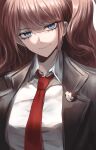  1girl bangs black_jacket blonde_hair blue_eyes breasts closed_mouth danganronpa:_trigger_happy_havoc danganronpa_(series) enoshima_junko highres jacket large_breasts looking_at_viewer monokuma necktie open_clothes open_jacket porary red_necktie shiny shiny_hair smile solo twintails upper_body white_hair 