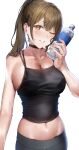  1girl ;d absurdres bangs bare_arms bare_shoulders black_choker blush bottle breasts brown_eyes camisole choker cleavage collarbone cowboy_shot grin hair_ornament hairclip highres holding holding_bottle idolmaster idolmaster_shiny_colors kuwayama_chiyuki large_breasts long_hair looking_at_viewer nipples one_eye_closed parted_lips pol_winner ponytail simple_background smile solo stomach sweat water_bottle wet white_background 