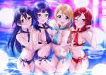  4girls absurdres alternate_color aqua_bikini asaka_karin ayase_eli bangs bikini black_hair blonde_hair blue_bikini blue_eyes blue_hair blush breast_press breasts commentary_request cosplay criss-cross_halter cutie_panther embarrassed eyes_visible_through_hair halter_top halterneck hand_on_another&#039;s_shoulder highres large_breasts long_hair looking_at_viewer love_live! love_live!_nijigasaki_high_school_idol_club love_live!_school_idol_project matching_outfit medium_hair multiple_girls nanatsu_no_umi navel nishikino_maki one_eye_closed open_mouth partially_submerged pretzel_bikini purple_eyes red_bikini red_hair side-tie_bikini smile sonoda_umi standing swept_bangs swimsuit v water yazawa_nico yazawa_nico_(cosplay) yellow_eyes 